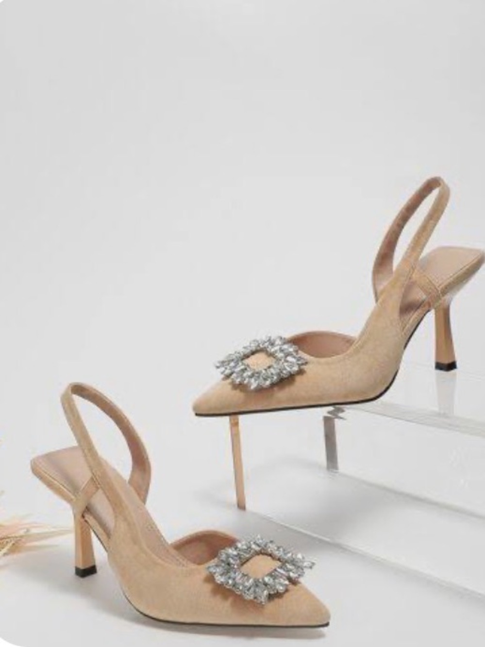 Beige Slingback Pointed Toe Heels with Crystal Buckle